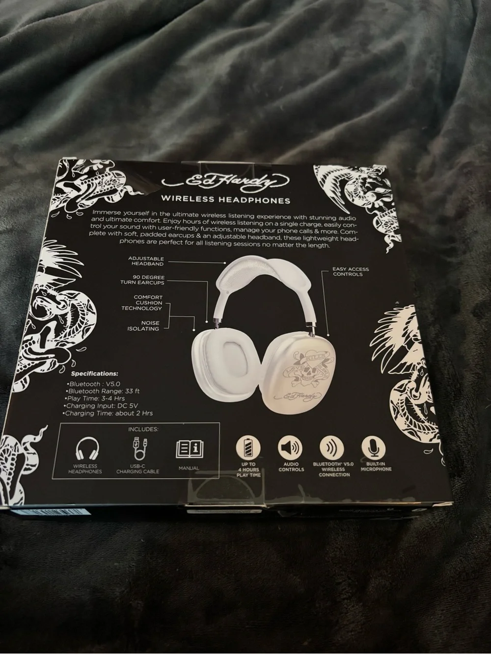 Ed Hardy White Skull Tattoo Bluetooth Headphones